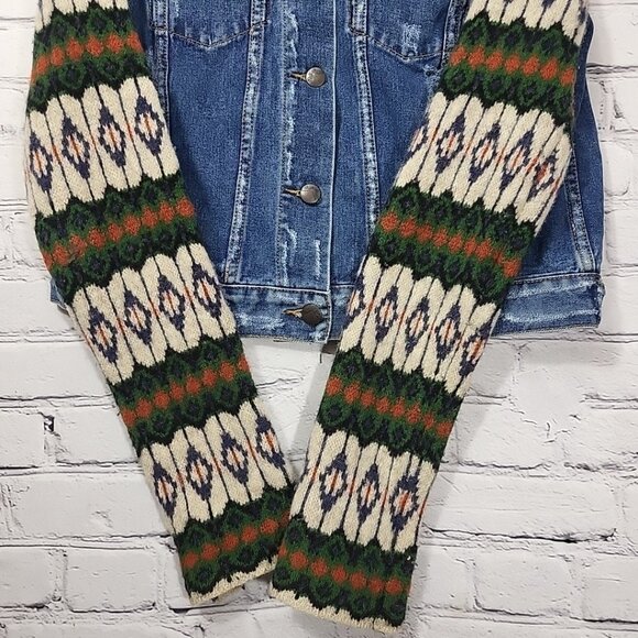 Free People Jean Jacket Boho Sweater Sleeves Distressed Womens Size M - Picture 5 of 10